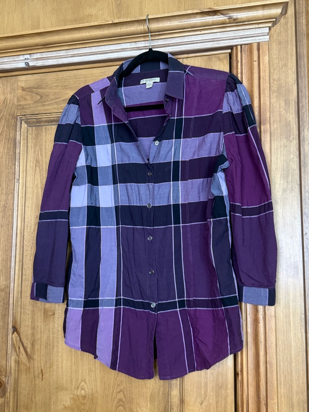 Burberry Brit Women’s Purple Plaid Button Up Shirt Medium Cotton Long Sleeve